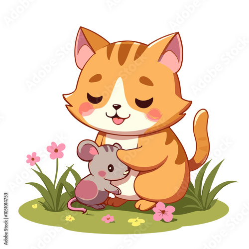 A joyful cat hugs a little mouse in the garden