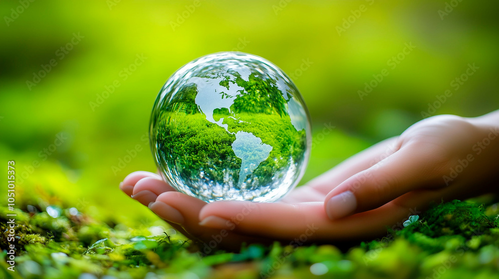 Hand holding a transparent sphere of the planet, green background. Environment