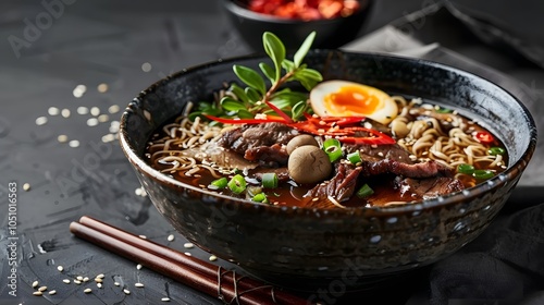 A bowl of Asian ramen noodles in rich broth, featuring tender beef tongue, mushrooms, and a flavorful Ajitama pickled egg, served on a dark background. photo