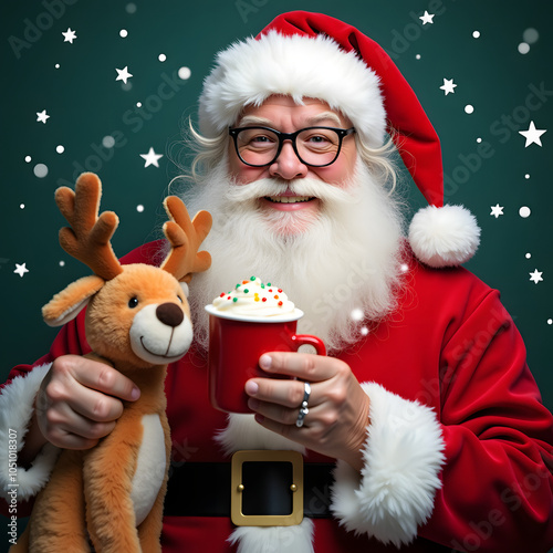 Jolly Santa with glasses, holding a hot cocoa mug with whipped cream and sprinkles, snowflakes, and a reindeer plush toy beside him created with generative Ai