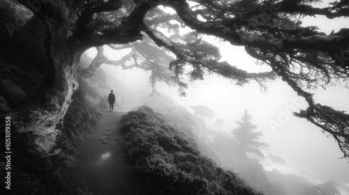 Wallpaper Mural A solitary figure walks along a misty path surrounded by twisted trees, evoking a sense of mystery and tranquility. Torontodigital.ca