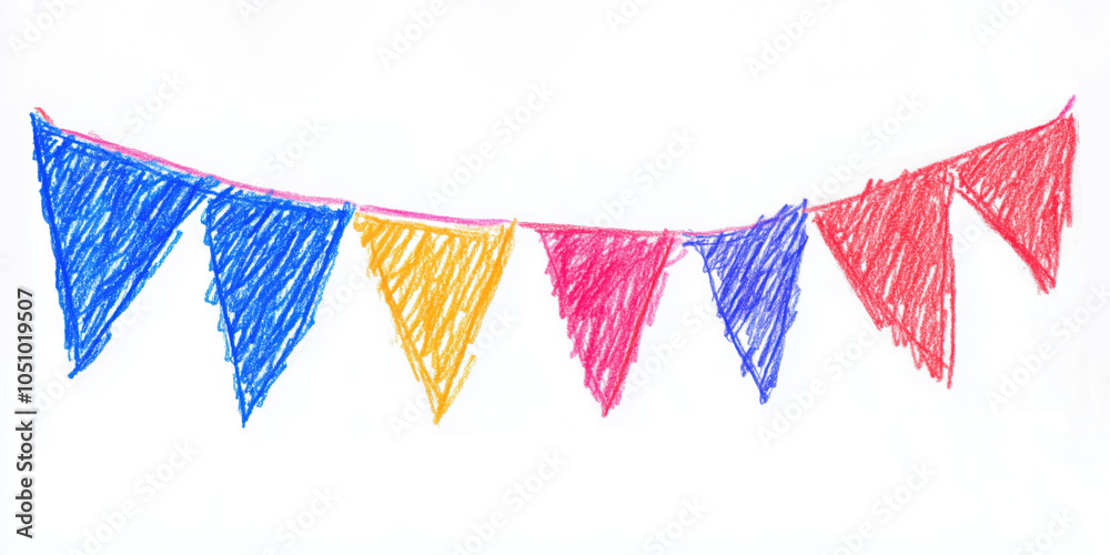 Fototapeta premium Vivid pencil drawing of party bunting flags hand drawn in childish style isolated on white background