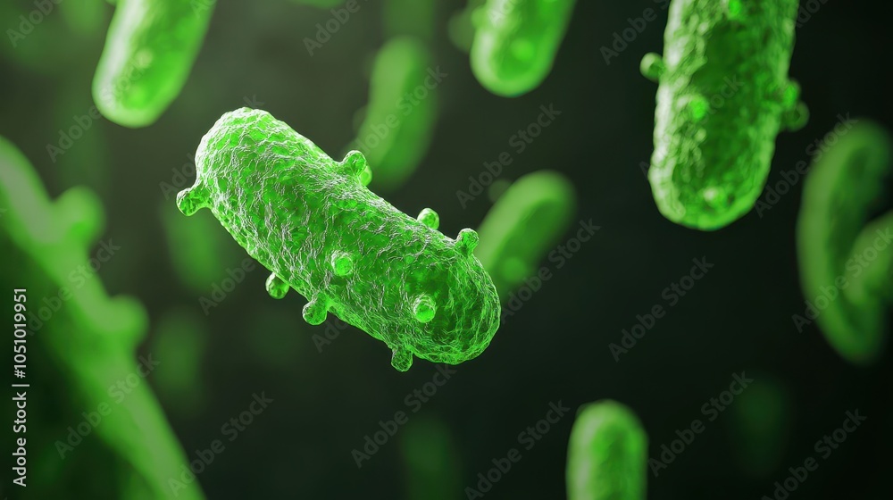 The image showcases green, microscopic bacteria in a dark background, emphasizing their unique structure and vibrant color. The image showcases green, microscopic bacteria in a dark background, emphasizing their unique structure and vibrant color.