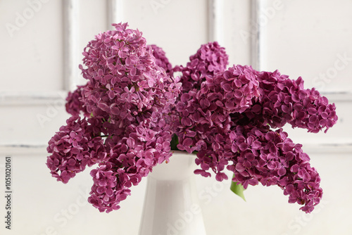Vase with blooming lilac flowers on white background