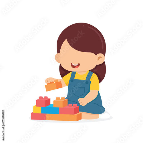 Happy kid girl playing a block toys. Smiling excited children cartoon character with toy. vector illustration