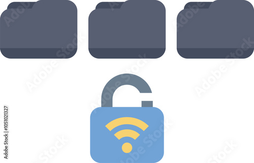 Open padlock with a wifi symbol protecting files, folders and data, concept of cybersecurity and cloud computing