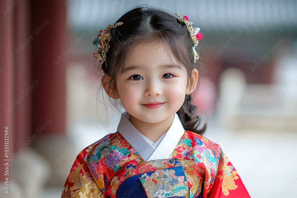 Japanese little girl in traditional hanbok costume at korean village palace Japanese little girl in traditional hanbok costume at korean village palace