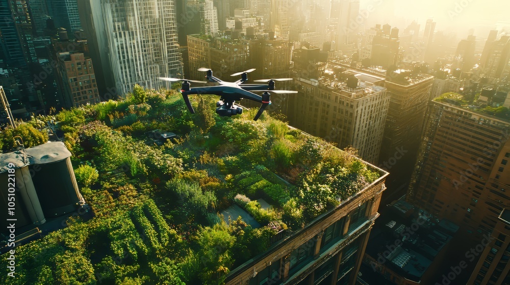 Drone soaring above green rooftops and urban gardens hypermaximalist advertising photography hyper realistic fine detail Drone soaring above green rooftops and urban gardens hypermaximalist advertising photography hyper realistic fine detail