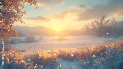 Serenity of a snowy winter meadow at sunrise