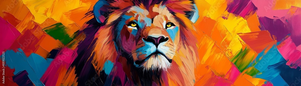 Obraz premium Abstract lion portrait painted with a palette knife, bright primary colors, bold strokes, intense gaze, modern expressionist art style