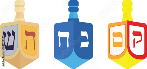 Hanukkah dreidel toy icons set. Traditional quadrangle dreidel toy for kids. Dreidel games in hanukkah celebration