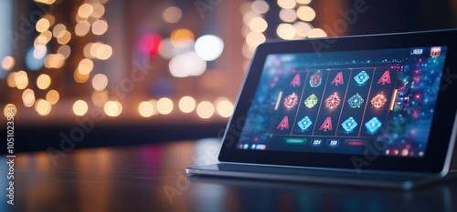 A tablet showing a digital slot machine game on its screen in a dimly lit room with glowing lights in the background.