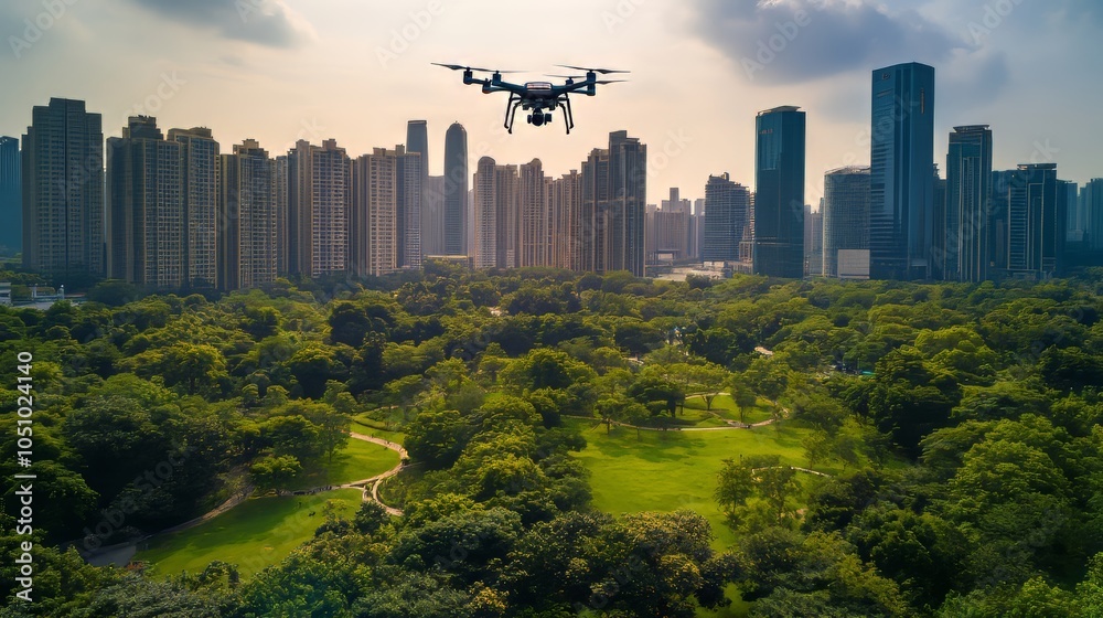 Fototapeta premium Drone soaring over a city park surrounded by high-rises hypermaximalist advertising photography hyper realistic fine detail