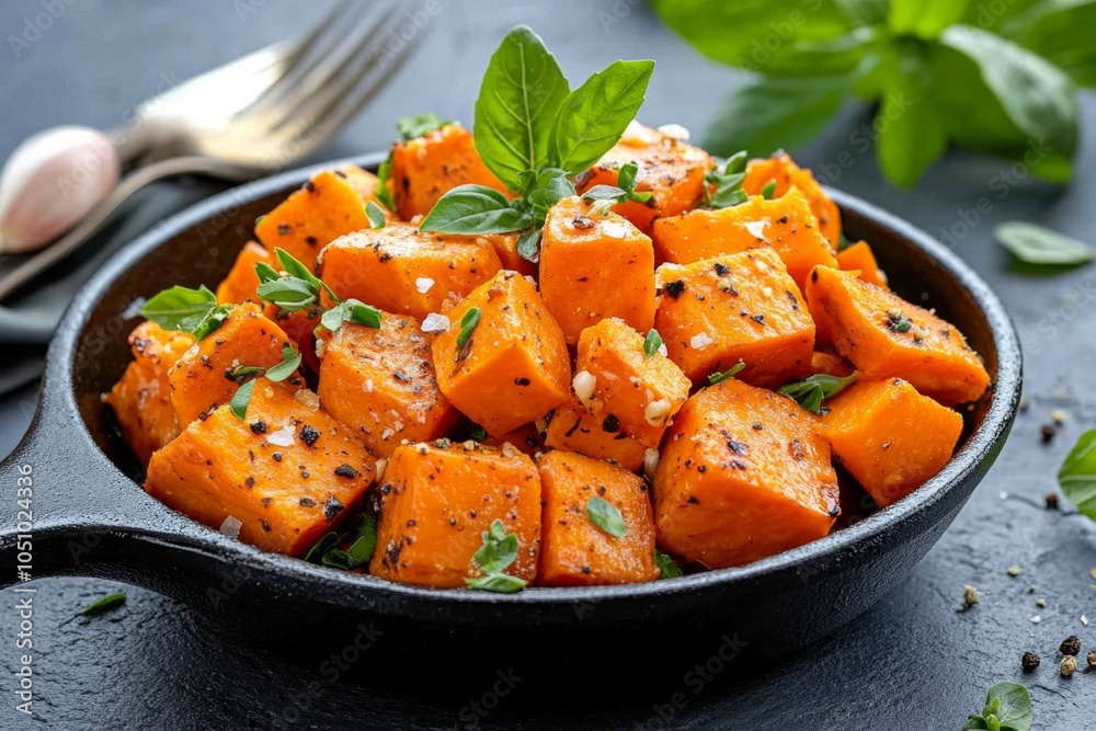 Cubed sweet potatoes in a cast iron skillet, sautéed with garlic and herbs, ready to serve Cubed sweet potatoes in a cast iron skillet, sautéed with garlic and herbs, ready to serve