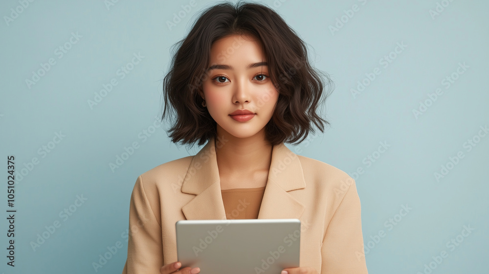 young woman with wavy hair holds tablet, dressed in beige blazer against light blue background, exuding confidence and professionalism. young woman with wavy hair holds tablet, dressed in beige blazer against light blue background, exuding confidence and professionalism.