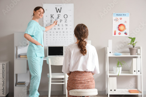 Canvastavla Young woman checking eyesight in clinic, back view