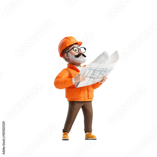 A wise, cartoonish builder examines blueprints with care, showcasing expertise and dedication while wearing an orange jacket and cap, ready to turn blueprints into reality.