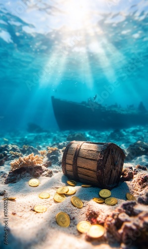 A wooden barrel filled with gold coins sits on the ocean floor with a sunken ship in the background. photo