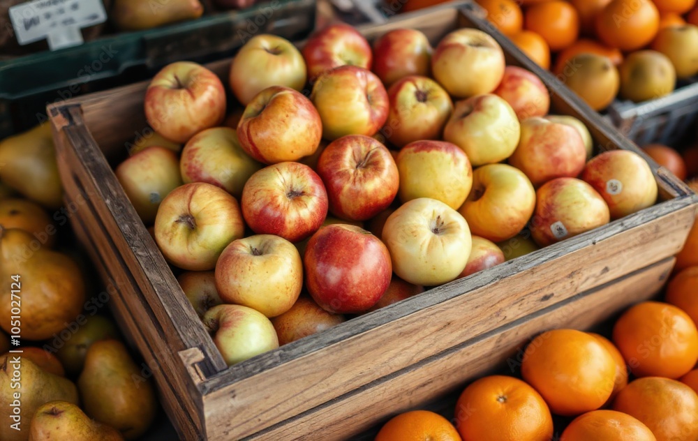 Freshly Harvested Apples in a Rustic Wooden Crate at a Market Freshly Harvested Apples in a Rustic Wooden Crate at a Market
