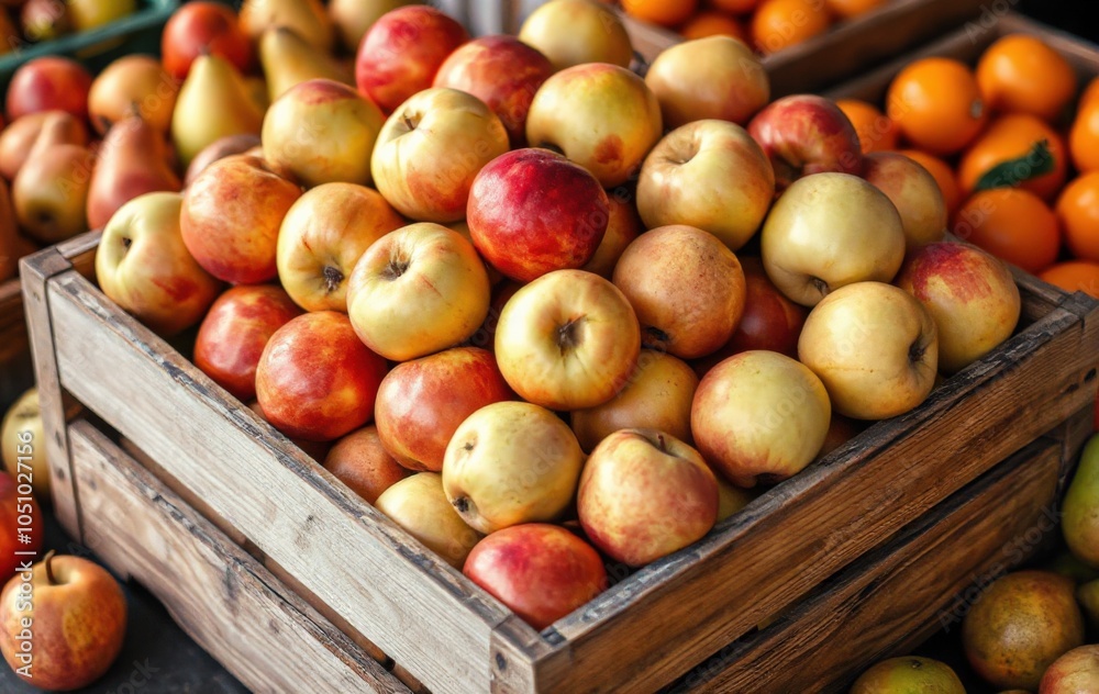 Freshly Harvested Apples in a Rustic Wooden Crate at Market Freshly Harvested Apples in a Rustic Wooden Crate at Market