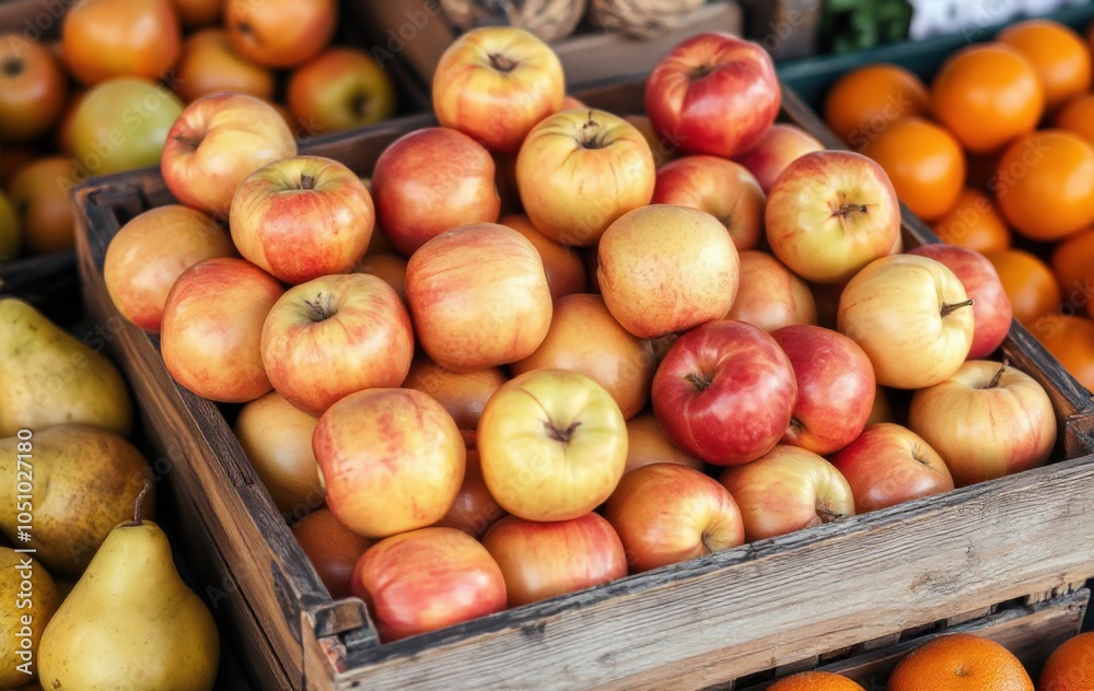 Fresh Apples in a Rustic Market Basket Surrounded by Colorful Fruits