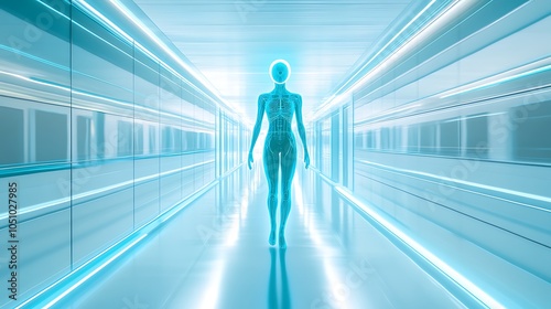 Humanoid Figure with Glowing Orb in Futuristic Corridor