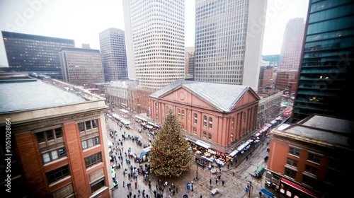 Christmas street market party bustling outdoor market with a large tree at the center