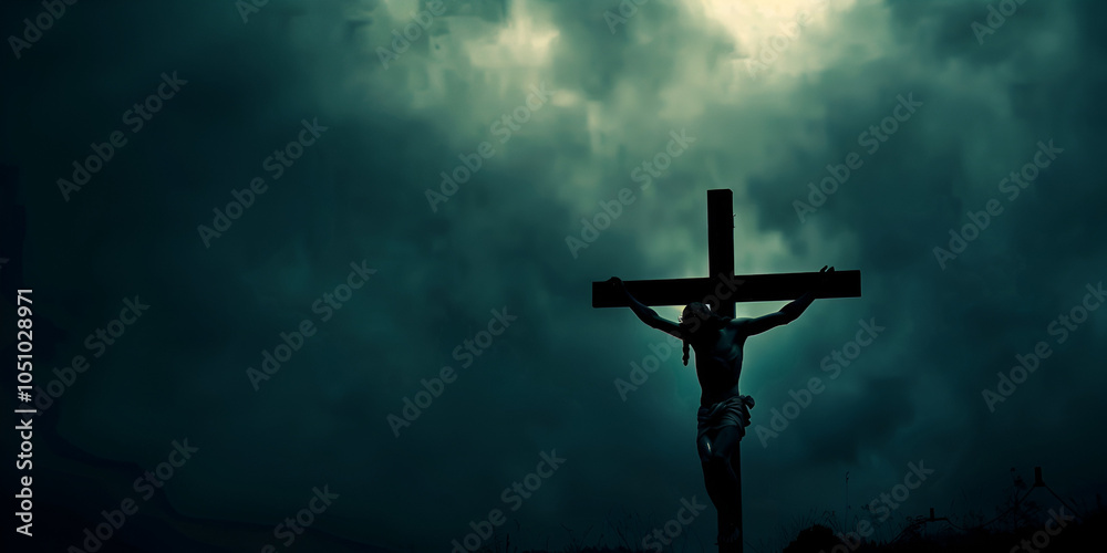 Jesus on Cross Silhouette Against Stormy Sky, Powerful Religious Symbol at Twilight
Jesus on Cross Silhouette Against Stormy Sky, Powerful Religious Symbol at Twilight