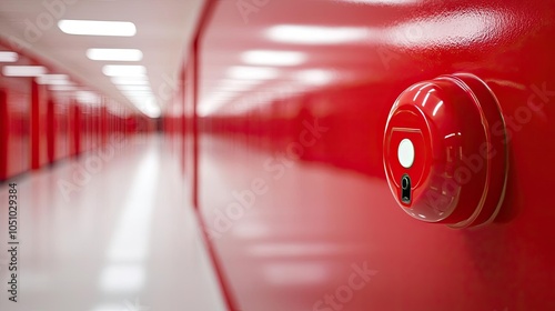 Red fire alarm on wall in hallway with storage compartments.