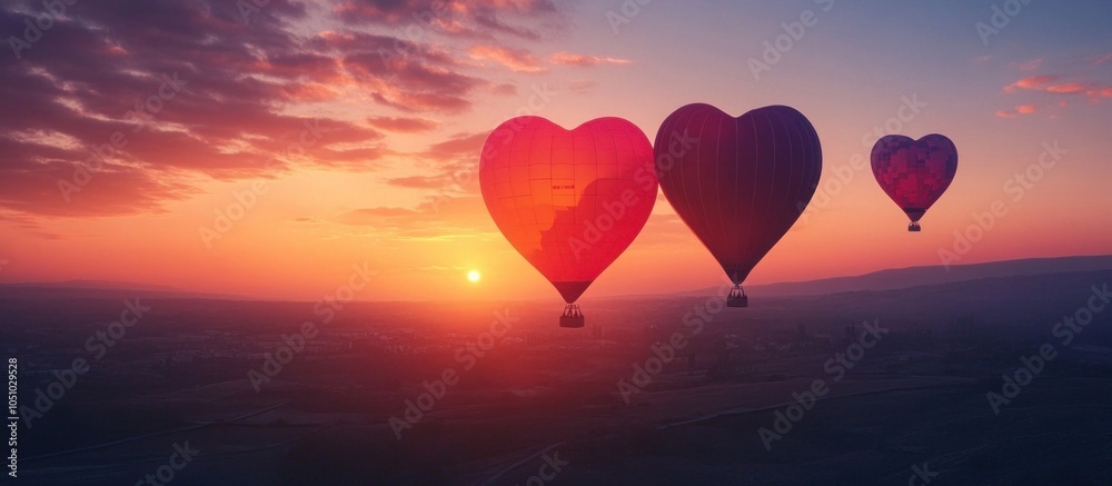 Obraz premium Three heart-shaped hot air balloons float through the sky at sunset.