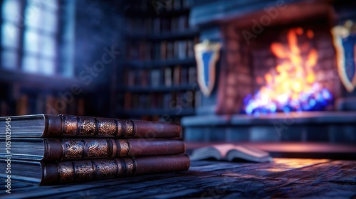 Cozy study with books and a warm fireplace, perfect for relaxing evenings. photo