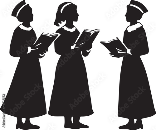 Silhouette of carolers singing, holding songbooks vector silhouette