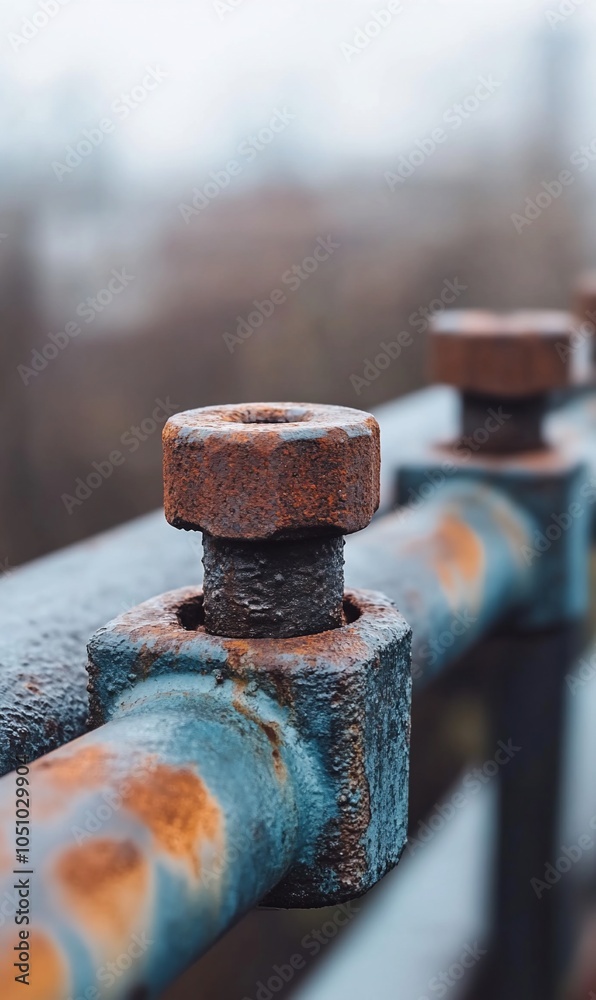 Close-up of a rusted bolt and nut on a weathered metal railing. Close-up of a rusted bolt and nut on a weathered metal railing.