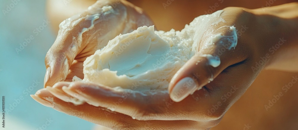 Close-up of hands holding a dollop of white cream. Close-up of hands holding a dollop of white cream.