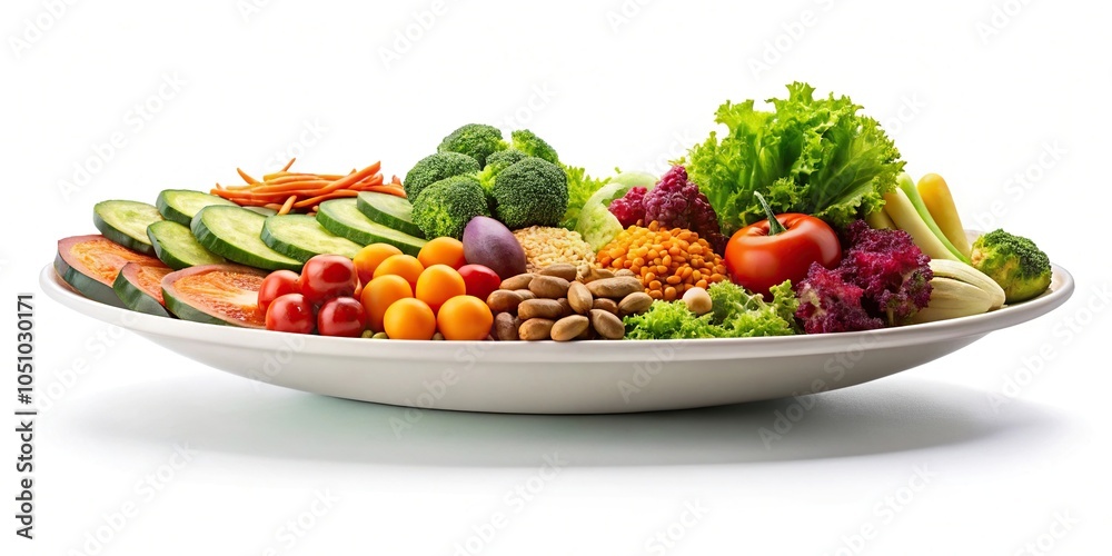 Balanced vegan plate on white background