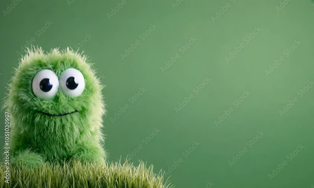 A cute green fuzzy creature with a single eye and a smile against a simple green background.