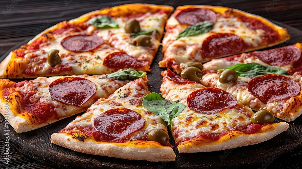 Delicious pepperoni pizza slices on a wooden board. Delicious pepperoni pizza slices on a wooden board.