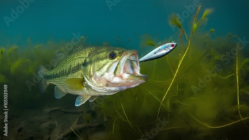 魚釣り、ルアーに勢いよく食いつくブラックバス｜Fishing, black bass biting vigorously into a lure