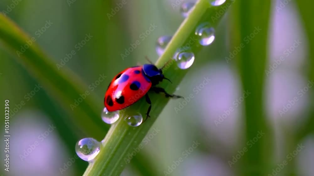 Ladybug Perched on a Plant Stem with Dewdrops Ladybug Perched on a Plant Stem with Dewdrops