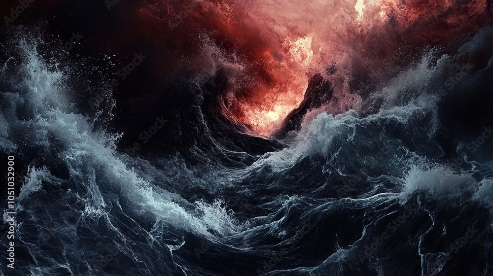 Fototapeta premium Dramatic Stormy Sea with Red Sky