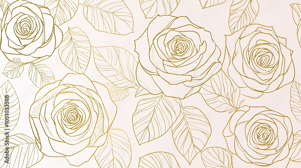 golden line art, roses pattern on light pink background
