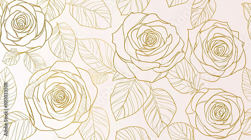 Fototapeta Naklejka Na Ścianę i Meble -  golden line art, roses pattern on light pink background