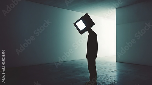 Robotic Figure with Glowing Triangle Head in Minimalist Setting