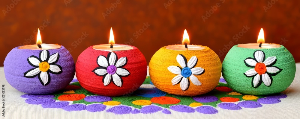 Fototapeta premium Colorful decorative candles with floral designs on a vibrant background.
