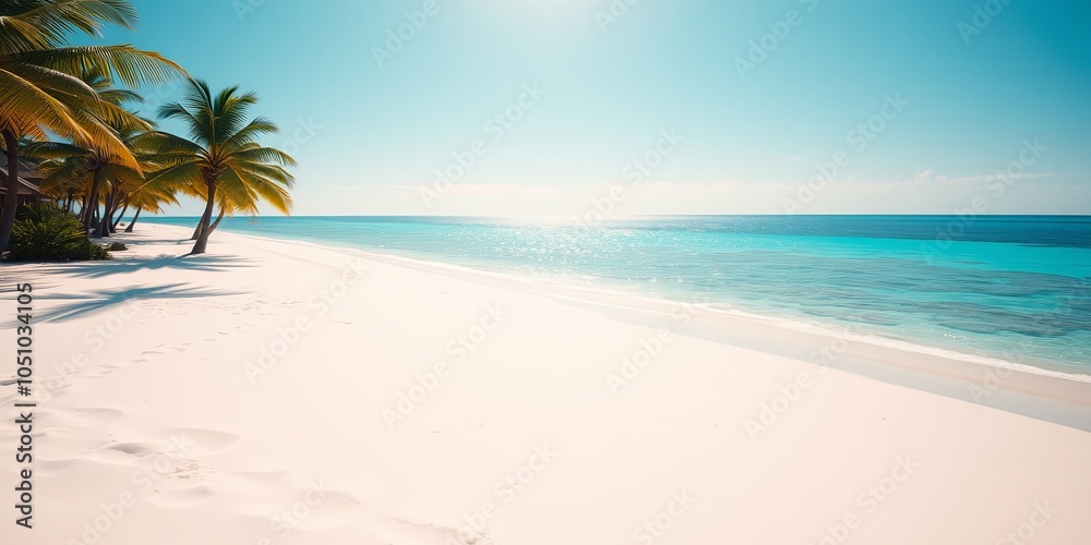 Obraz premium Palm Trees Casting Shadows on Pristine Sandy Beach and Turquoise Ocean Under a Clear Blue Sky