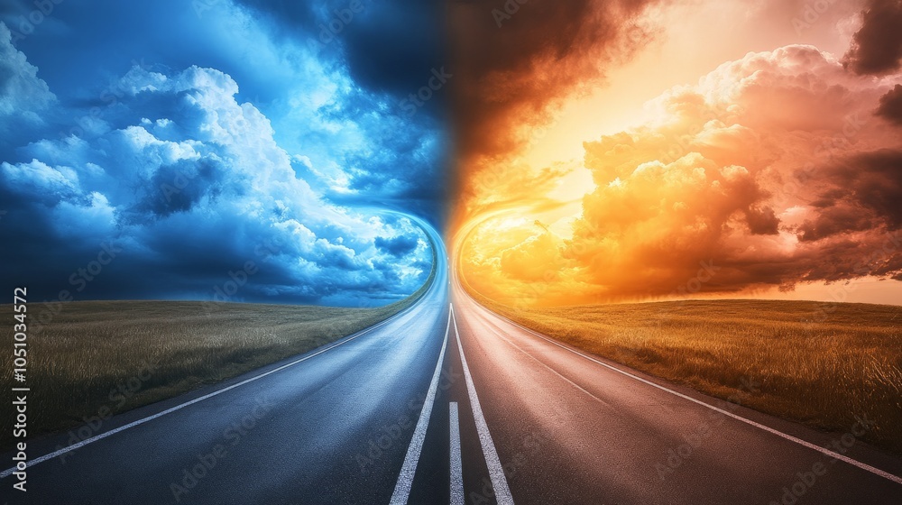 Naklejka premium A road that splits in two, one path towards storm clouds and the other towards a golden sunset, decision making. generative ai