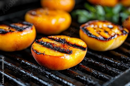 Fresh peach halves grilled to perfection, showing light char marks and juicy textures photo