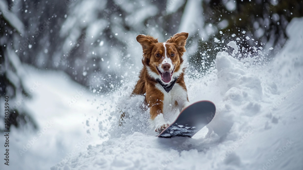 A playful dog enjoys snowboarding down a snowy hill in a winter landscape with trees around A playful dog enjoys snowboarding down a snowy hill in a winter landscape with trees around