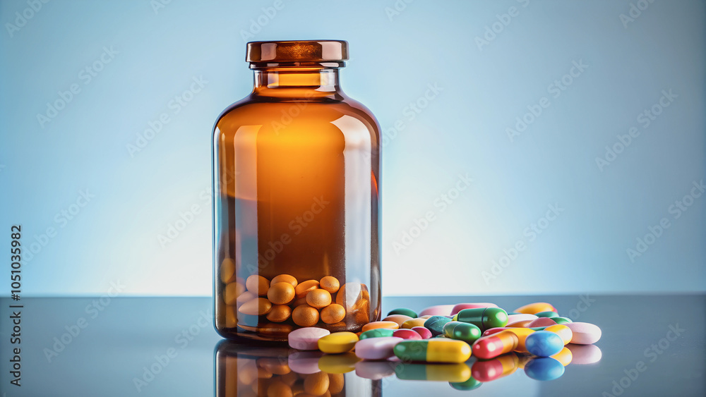 Multicolored capsules and tablets next to a glass bottle with medicine. Multicolored capsules and tablets next to a glass bottle with medicine.