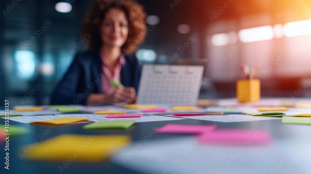 Fototapeta premium Smiling woman at desk surrounded by colorful sticky notes and a calendar.